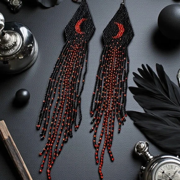 Hand Beaded Black/Red Extra Long Boho Crescent Moon Earrings - Picture 14 of 16